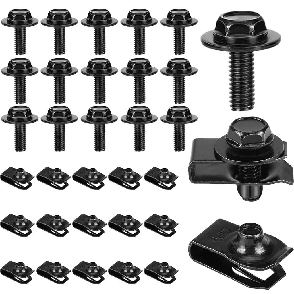 M6-1.0 Body Bolts & U-Nut Clips Kits,Hex Head Automotive Body Fender Bolts Kit Replacement for Most Cars Engine Cover and Bumper Fender Liner (30)