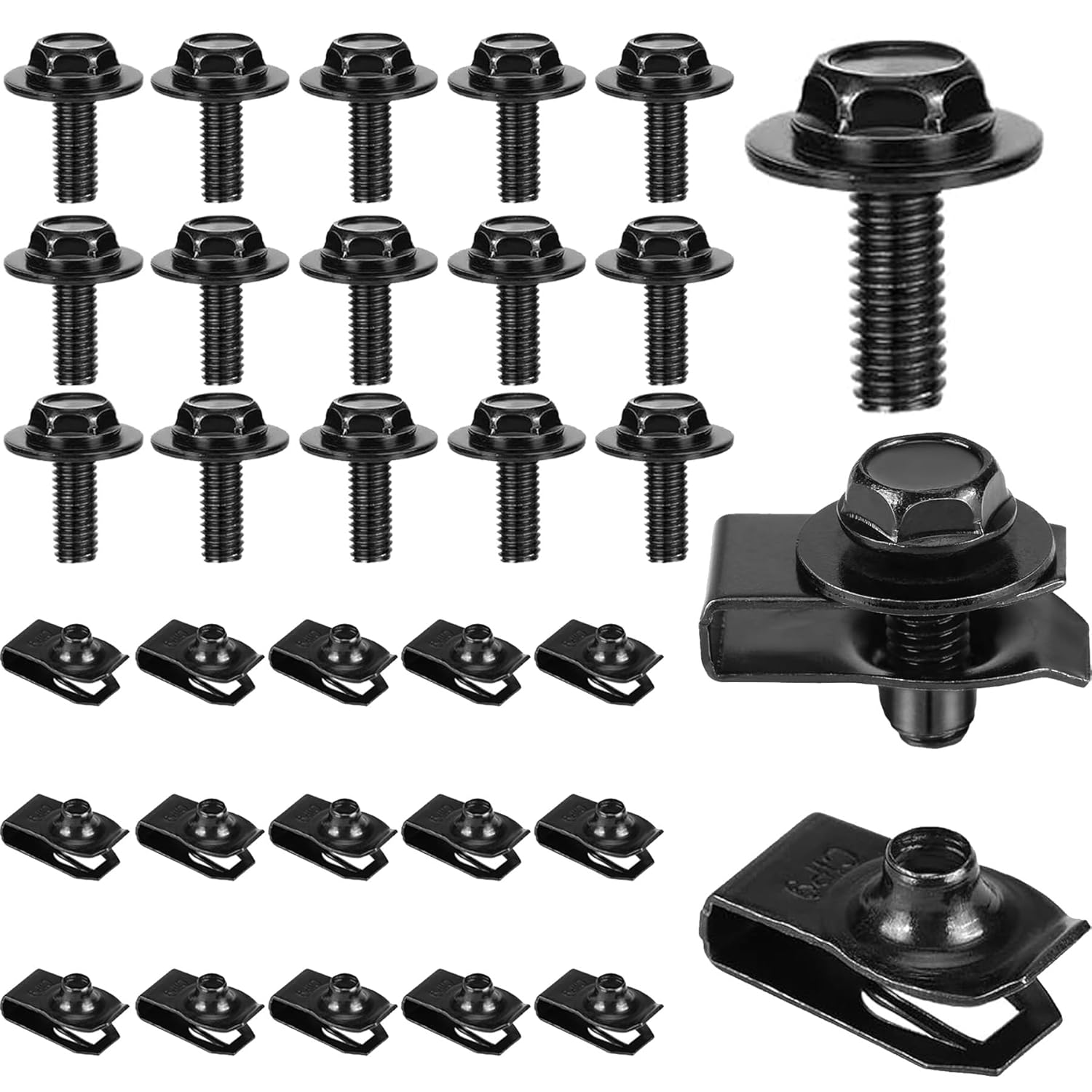 M6-1.0 Body Bolts & U-Nut Clips Kits,Hex Head Automotive Body Fender Bolts Kit Replacement for Most Cars Engine Cover and Bumper Fender Liner (30) 30