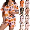 Damen Halloween Pyjama-Set mit kurzärmeligem Knopfleistenhemd und Shorts