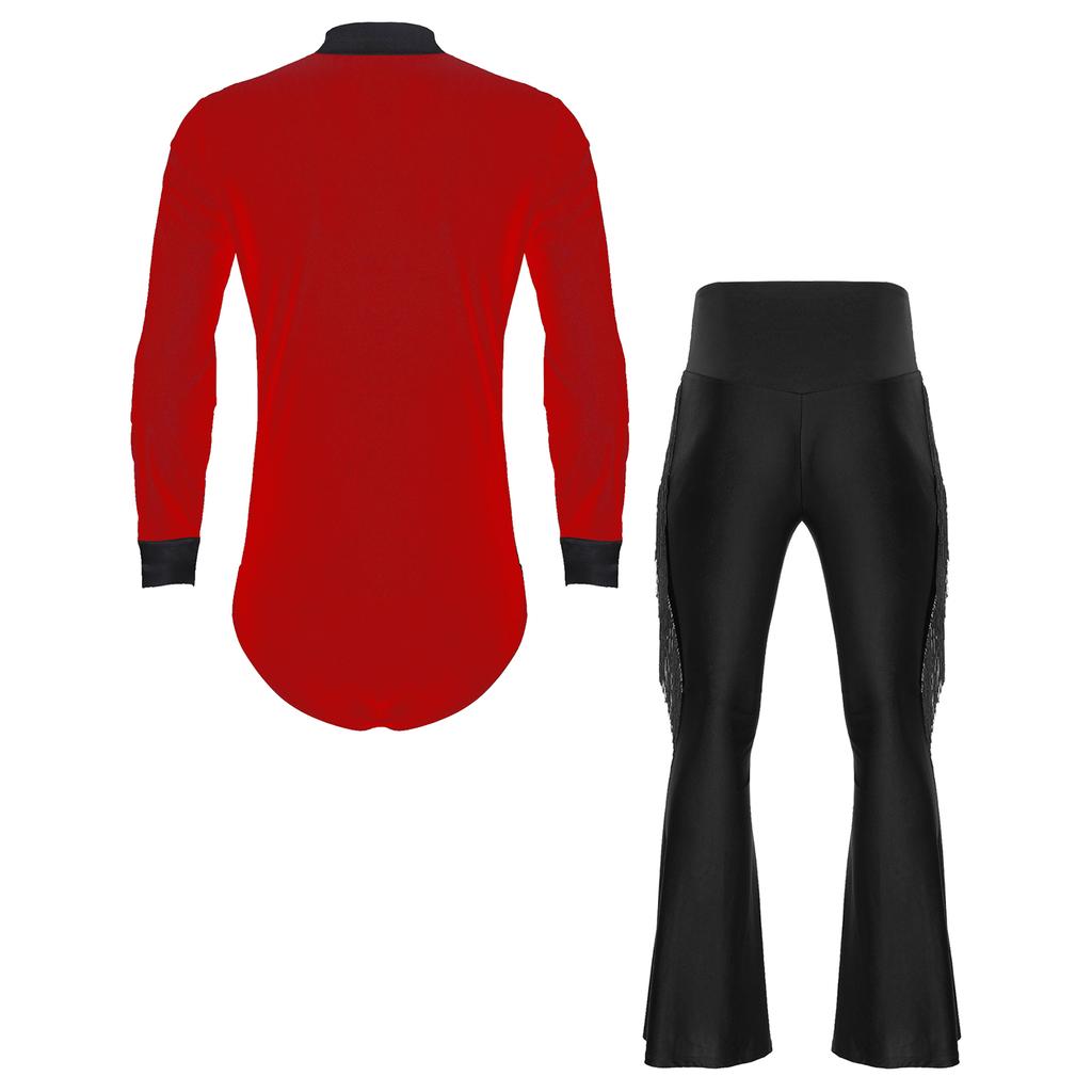 Herre Latin Dansedrakt Glitrende Rhinsteiner V-hals Langermet Sateng Lappverk Body Frynser Utsvingte Bukser Scene Sett