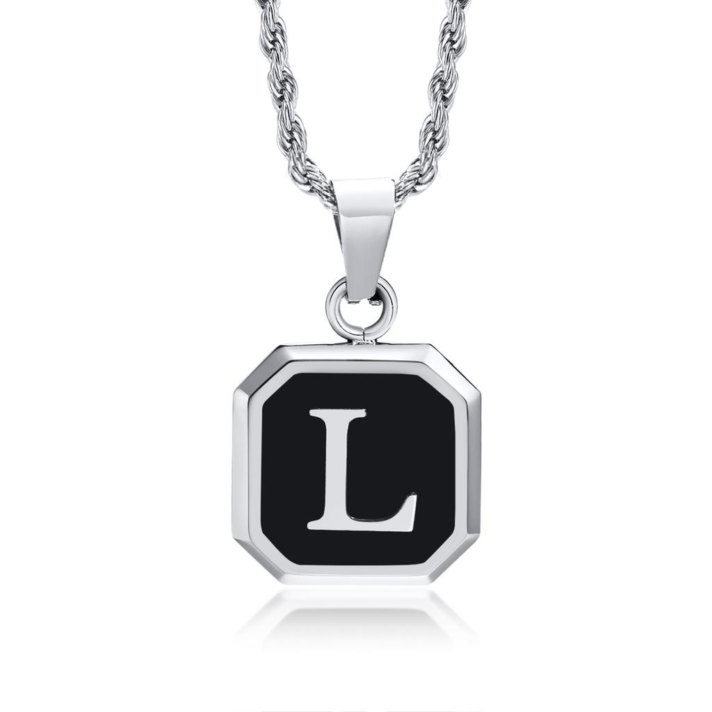 Initials Necklaces for Men Women,A-Z 26 Letters Black Square Stainless Steel Pendant Collar,45-60CM Twisted Rope Chain Gifts