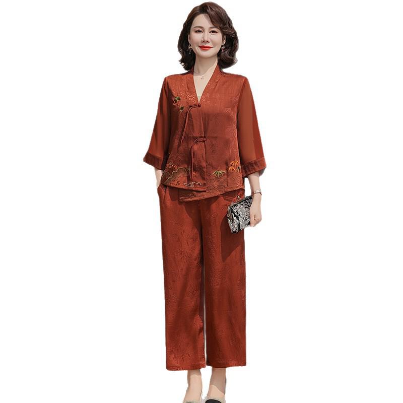Chic Chinese-Style Summer Two-Piece Set for Middle-Aged and Elderly Women – Loose and Slimming Fit
