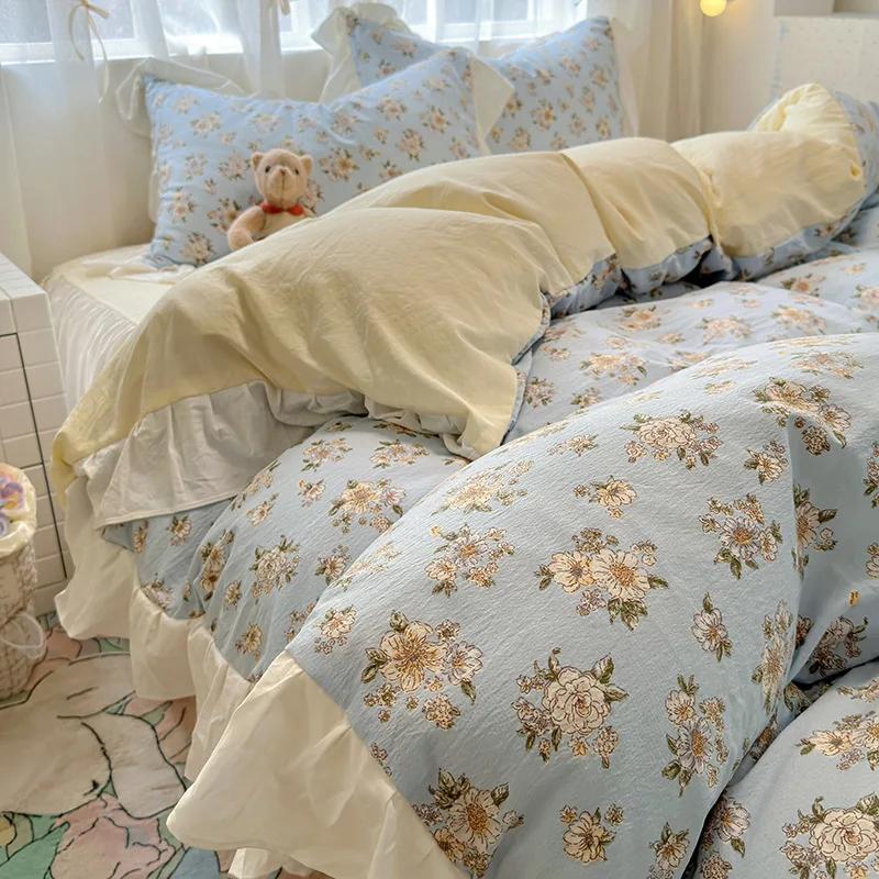 1.5/1.8 Korean Style 100% Cotton Fitted Sheet Sets with Lace Flower Print Bedding Set for Seasons Home Bedclothes for Adult Kids