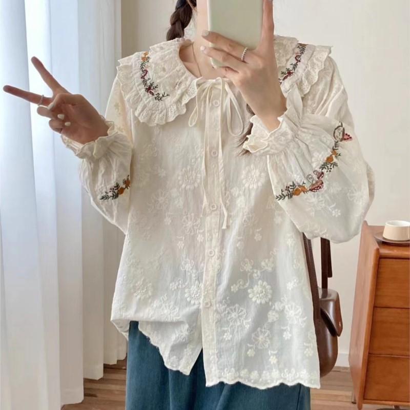 Embroidery Lace Doll Collar Shirt Women Spring Autumn Loose Casual Tie Tops