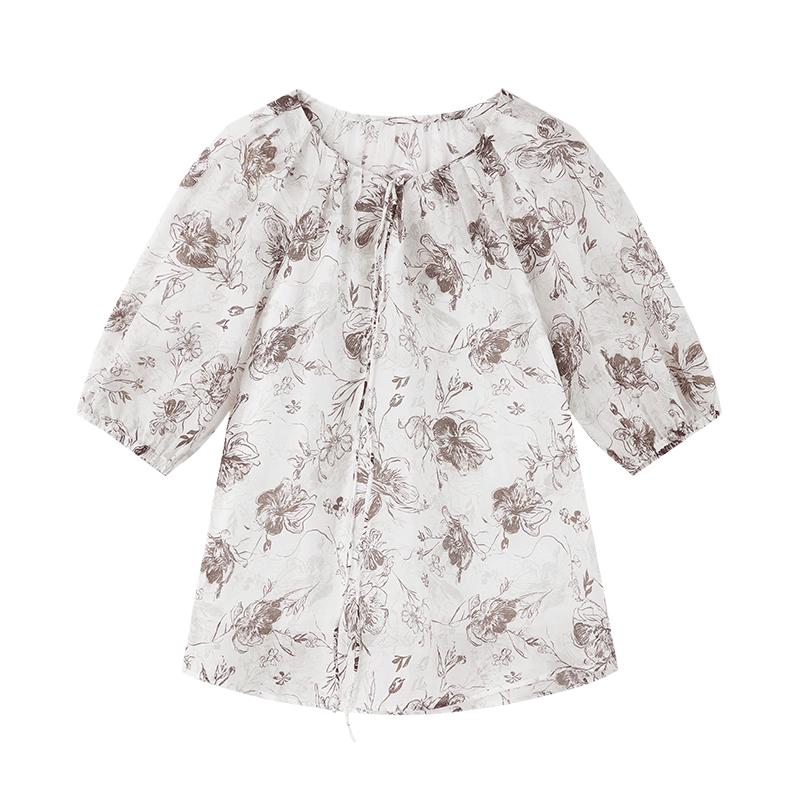 Women s Floral Tie-Neck Short Sleeve Chiffon Blouse S