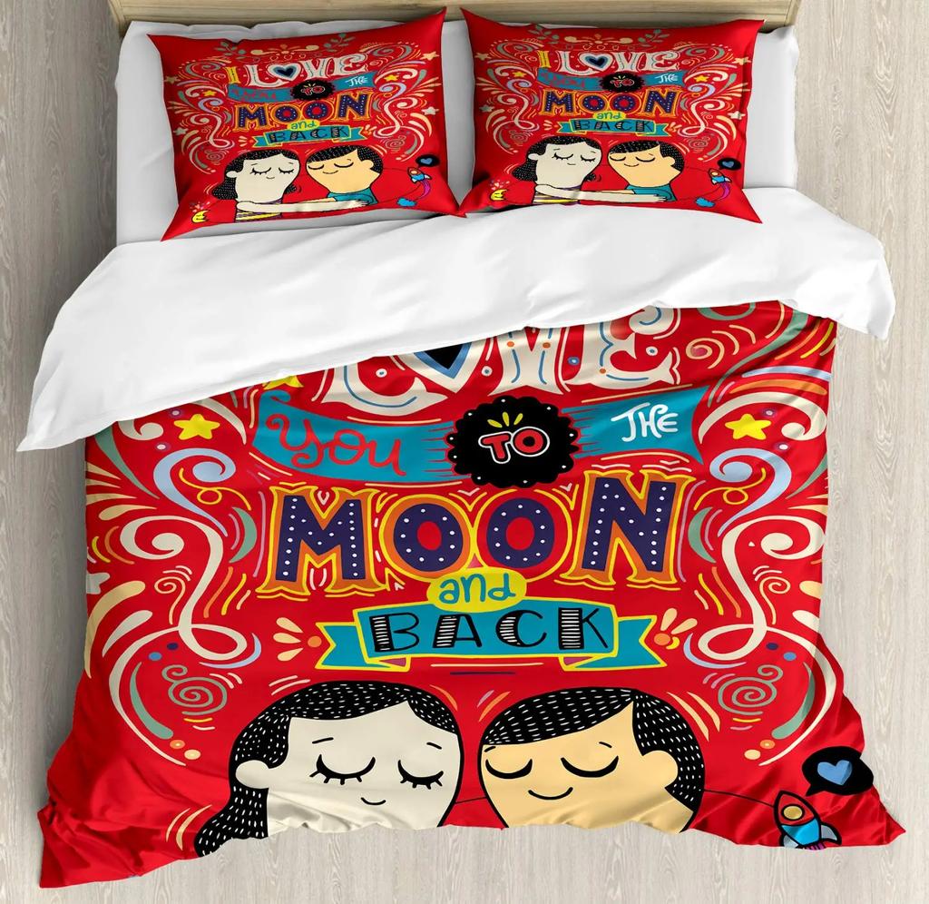 I Love You Duvet Cover Hand Drawn I Love You To The Moon And Back Words With Stars Celebration King Size Polyester Bedding Set