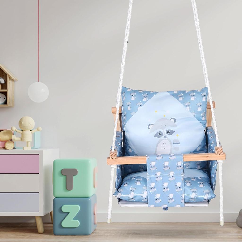 Swing for Kids, Baby Swing Hanging Indoor Outdoor, Kids Wooden Swing, Baby Garden Swing, Jhula for Kids with 2 Pillow (Blue Fox)