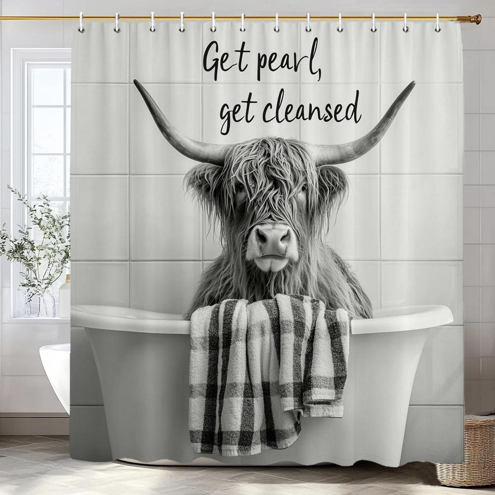 Monika Chen Funny Bathing Highland Cattle Sitting In The Tub Shower Curtain, Bathroom Decorative Shower Curtain, Home Curtain With Hooks