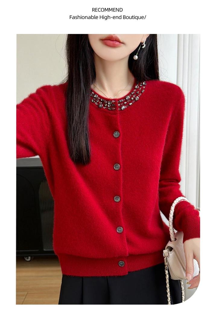 Women's Handmade Rhinestone Crew Neck Wool Cardigan - 2026 Autumn/Winter Collection