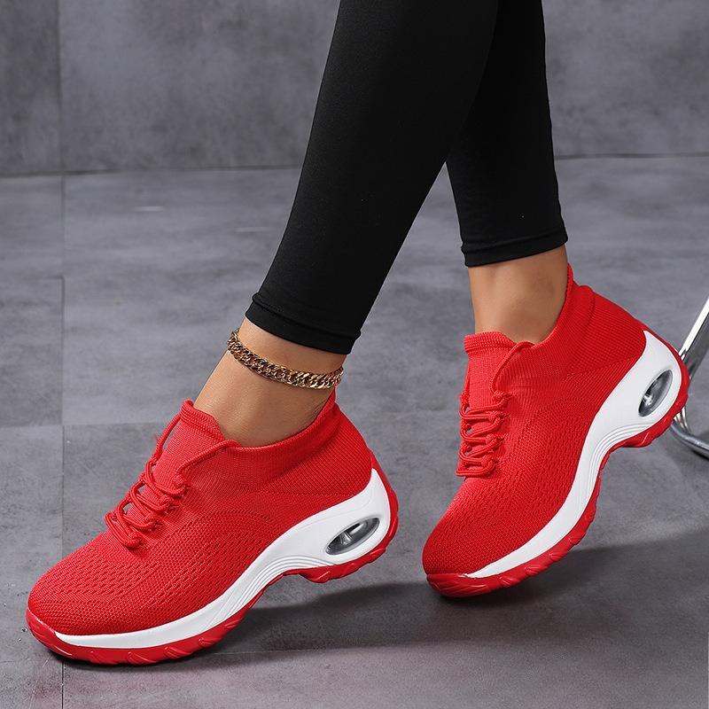 Fashion Women Platform Shoes Knitted Running Sports Shoes Anti-slip Air-cushion Sneakers Breathable Mesh Dancing Traveling Shoes