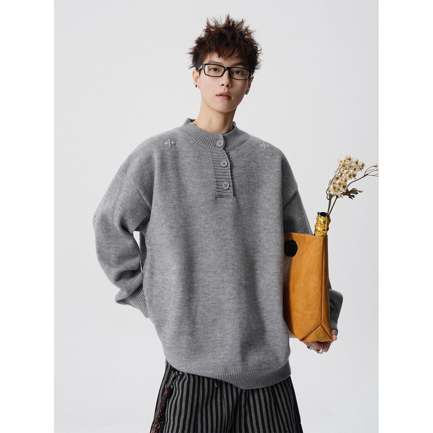 

Men s Winter Heavyweight Henley Sweater with Cross Embroidery Large сірий колір