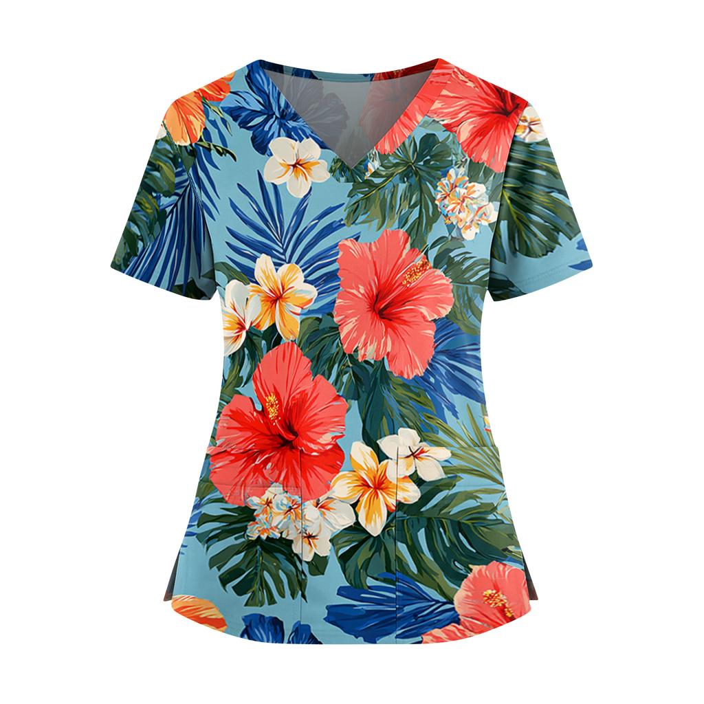 Women's Hawaiian Print V-Neck Double Pocket Short Sleeve Uniform/ Top