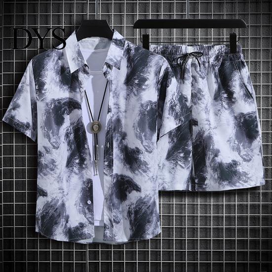 Printed Men Shirt Shorts Set 2Pcs/Set Beach Outfit Lapel Short Sleeve Single Breasted Elastic Drawstring Waist Wide Leg Hawaiian Print Casual