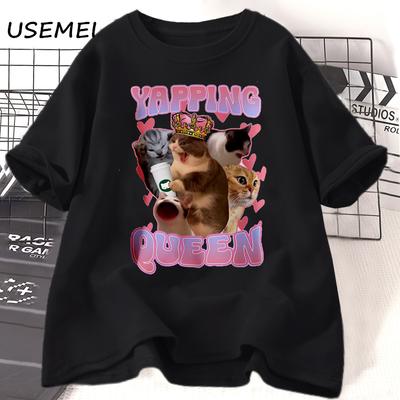 Yapping Queen Funny Cat Meme T-shirt Cotton Ironic Cats Tshirt Cute Cats Print Tshirt Gift for Yapper Girlfriend Womes Clothing