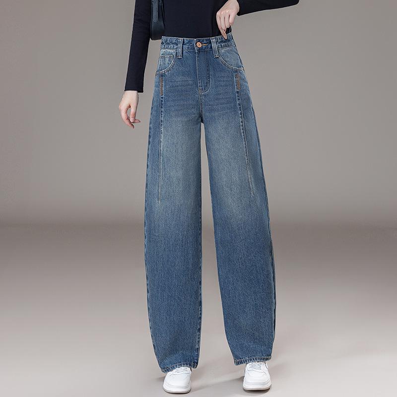 

2026 Autumn/Winter Korean Style Blue Denim Curved Blade Wide-Leg Pants for Women Large джинсовий/синій