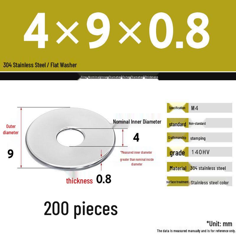 304 Stainless Steel Thickened Flat Washer Set, Sizes 2-36