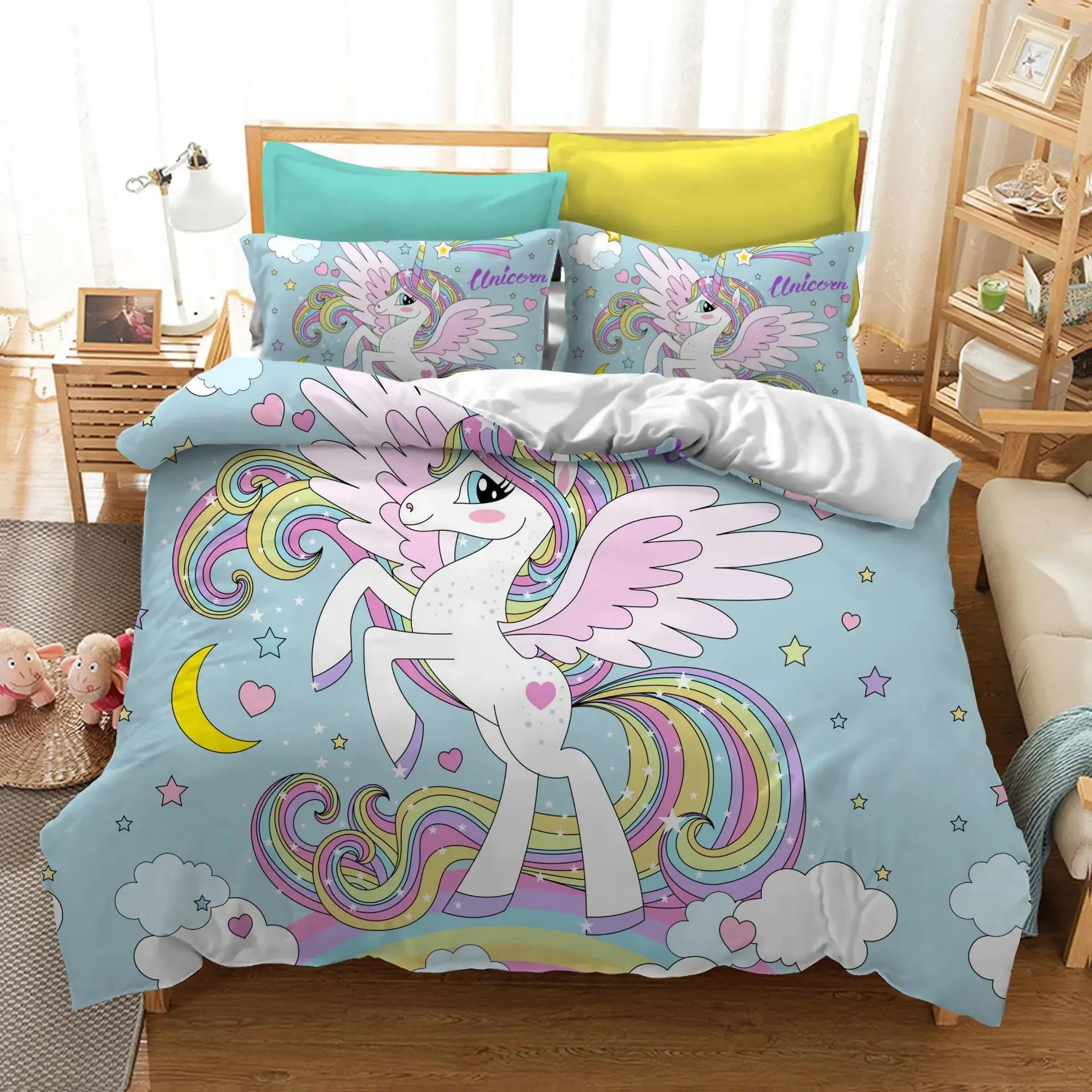 

Printed Unicorn Beding Carton Soft with Soft Fabric Duvet Cover Set house de couete dream animal pink Princes bedset cover 172x218cm 28x28cm Y 100*200cm Single