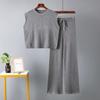 2025 Women Summer Knit 2 Piece Outfits Solid Sleeveless Split Tank Tops Knitted High Waist Wide Leg Pants Set Loungewear Gray