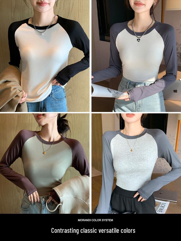 Women's Black and White Patchwork Long Sleeve Retro Slim Fit T-shirt, 2026 Spring/Autumn, Round Neck Base Layer.