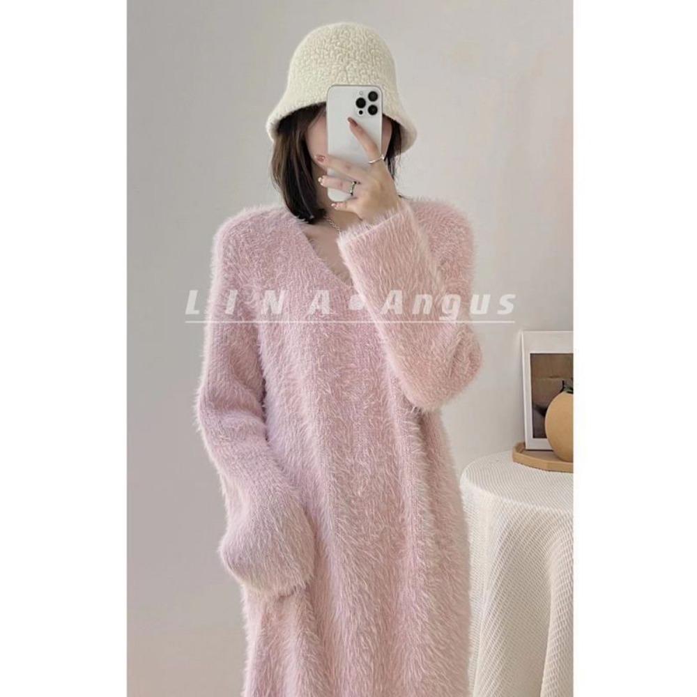 Herbst und Winter Neu Imitation Nerz Samt Locker Über dem Knie Langer Haarrock Damen Übergröße Pyjama Kleid