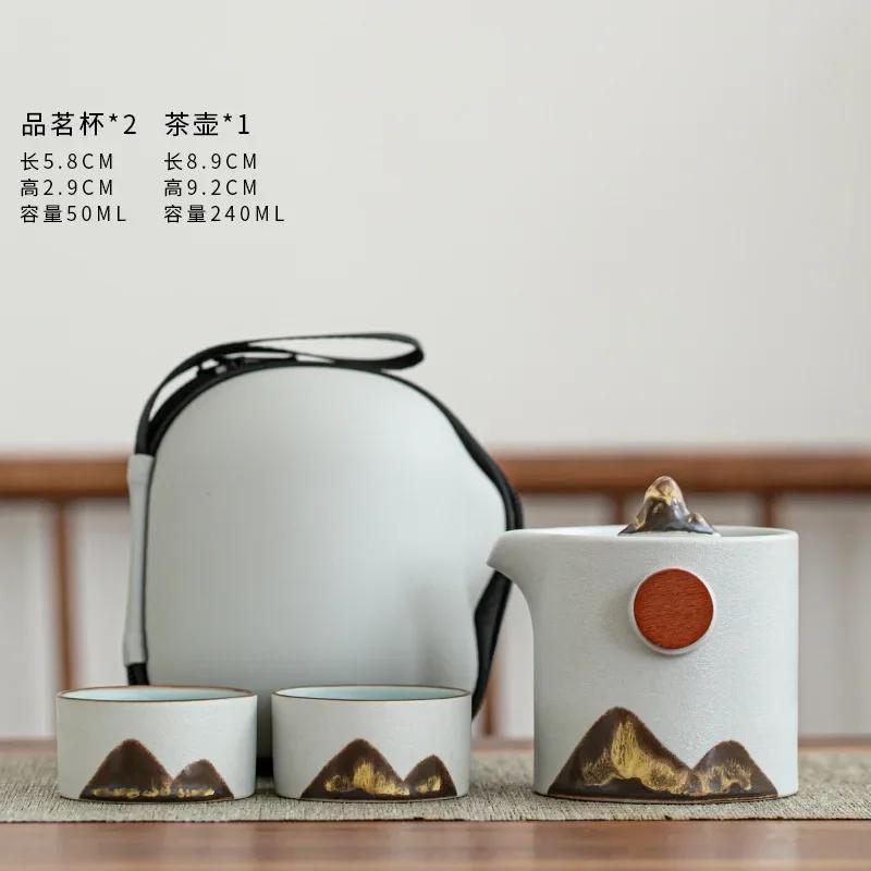 

Japanese Style Glazed Painted Remote Mountain Portable Travel Tea Set Vintage Coarse Ceramic Quick Customer Cup Tea Set