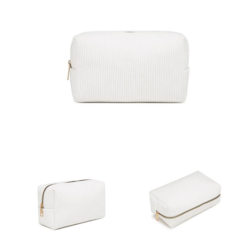 Portable Makeup Brush Tool Storage Bag with Zippered Corduroy Solid Color Cosmetic Bag Large Capacity Zippered Purse