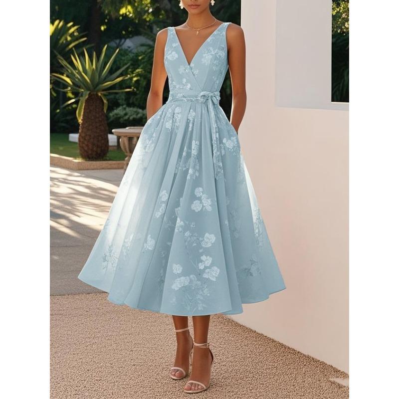 DAFIFY Women's Fashion Summer Spring Flower Pattern Print Sleeveless V-Neck High Waist Casual Dresses