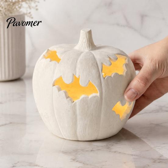 Unique Halloween Party Favors Pumpkin Resin Figurine, Bat Hollow Out Lantern with Creepy Fireplace Accents Warm Light, Spooky Indoor Outdoor