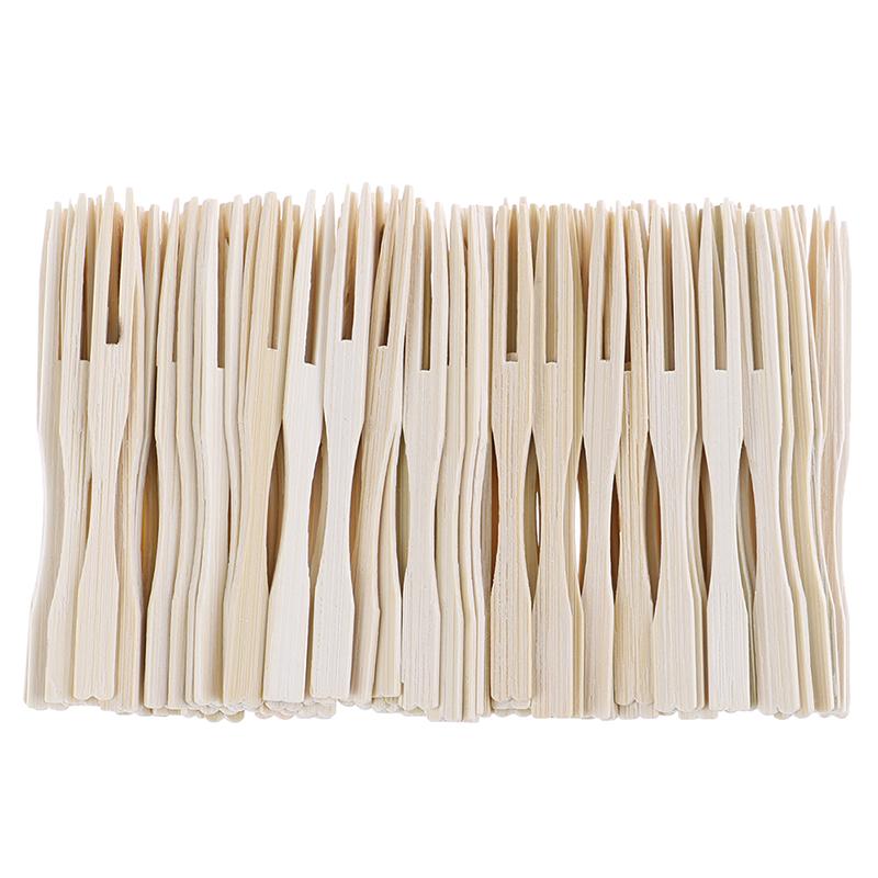100Pcs/Set Bamboo Cocktail Forks Bbq Fruit Pick Beige 9Cm Stick Skewers