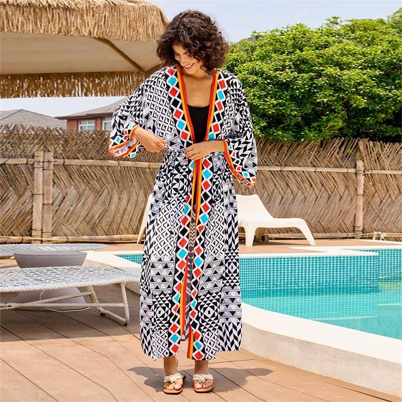 EDOLYNSA 2024 Chic Plaid Gedruckt Pool Party Sexy Badeanzug Bikini Vertuschungen Sommer Frauen Gürtel Kimono Kleid Tunika Plus Größe Strand Vertuschungen Q1332