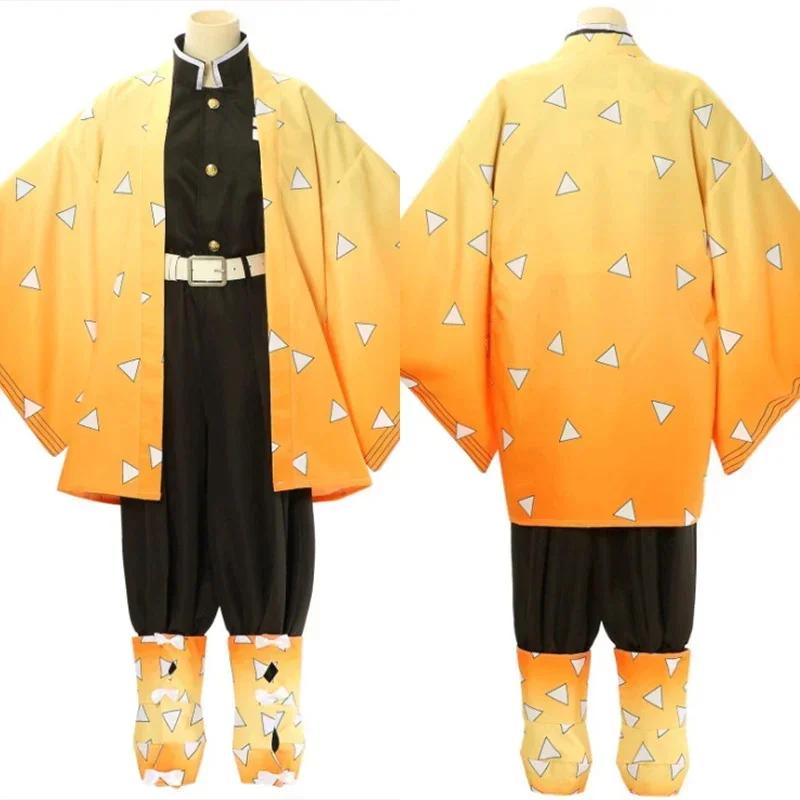 Adulte/enfants Anime Agatsuma Zenitsu Cosplay Costume Perruque Chaussures Hommes Kimono Jaune Cape Tenues