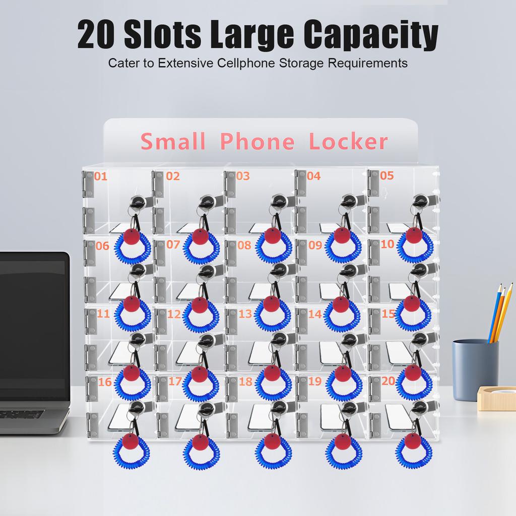 20 Slots Acrylic Cell Phone Storage Locker, Wall Mount Phone Holder Organizer with Lockable Key - Secure Mobile Phone Keeper Box