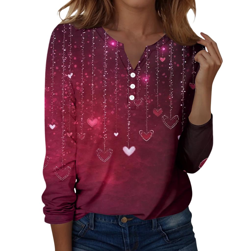 Damen T-Shirt mit Weihnachtsdruck, Knopfleiste, lange Ärmel, für den Alltag, Wochenende, modisch, Basic, V-Ausschnitt, normales Oberteil