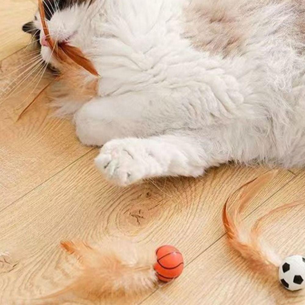 3Pcs Solid Biting Cat Interactive Ball Toy with Feathers Self Fun Cat Toy Bouncing Balls Interactive Play Elastic