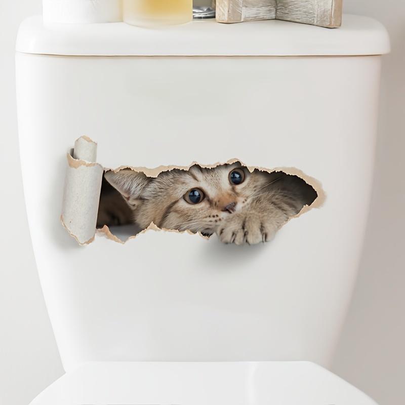 3D Visual Cat Toilet Seat Sticker,Cartoon Hole Breaking Kitten Sticker,2D Waterproof Bathroom Decal, Self-Adhesive Wall Decor