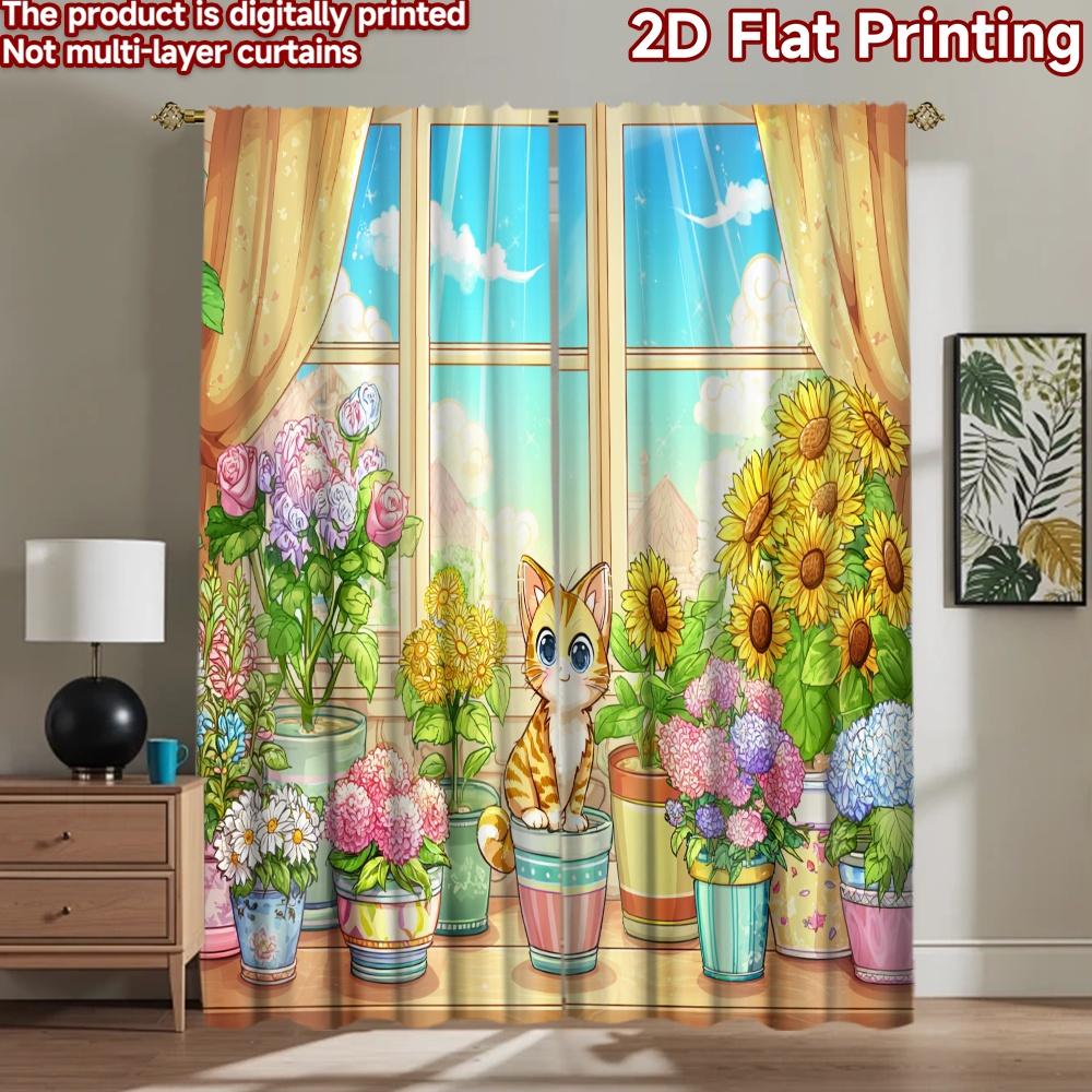 2D Flat Printing 2pcs Curtain Cute Cat Flower Garden Digital Printed Polyester Drapes All Season Party & Holiday Decor for