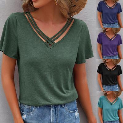 Summer New Solid Color Short Sleeve Plus Size T-shirt for Women Fashion V Neck Elegant Loose Woman Tshirts Simple Elegant Office Lady Tee Tops 24532