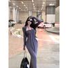 Kumikumi Pure Desire Wind Heavy Industry Woven Twist Outerwear Women Autumn Gray Pleat Hanging Neck Dress Two-piece Set