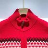 Women's Pure Cashmere Fair Isle Zip-Up Cardigan Sweater, Long Sleeve, Stand Collar, New Year Red