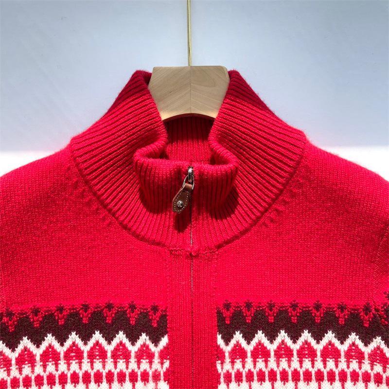 Women's Pure Cashmere Fair Isle Zip-Up Cardigan Sweater, Long Sleeve, Stand Collar, New Year Red