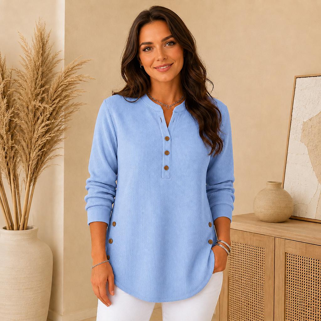 Ladies Daily Henley Style Knit Top, Long Sleeve Notch Neck Button Blouse, Curved Hem Side Buttons Loose Tunic for Street & Home Outfit