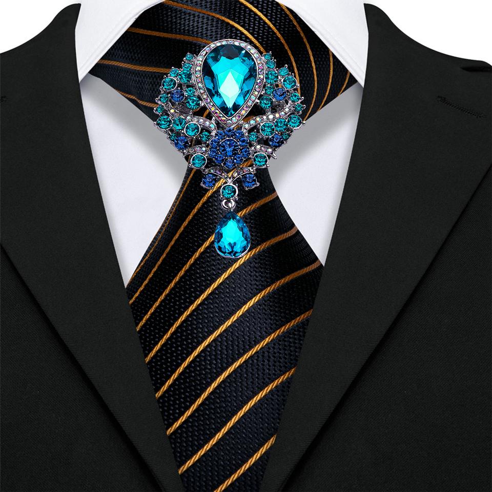 Mens Fashion Black Tie with Brooch Formal Silk Necktie Hanky Cufflink Set