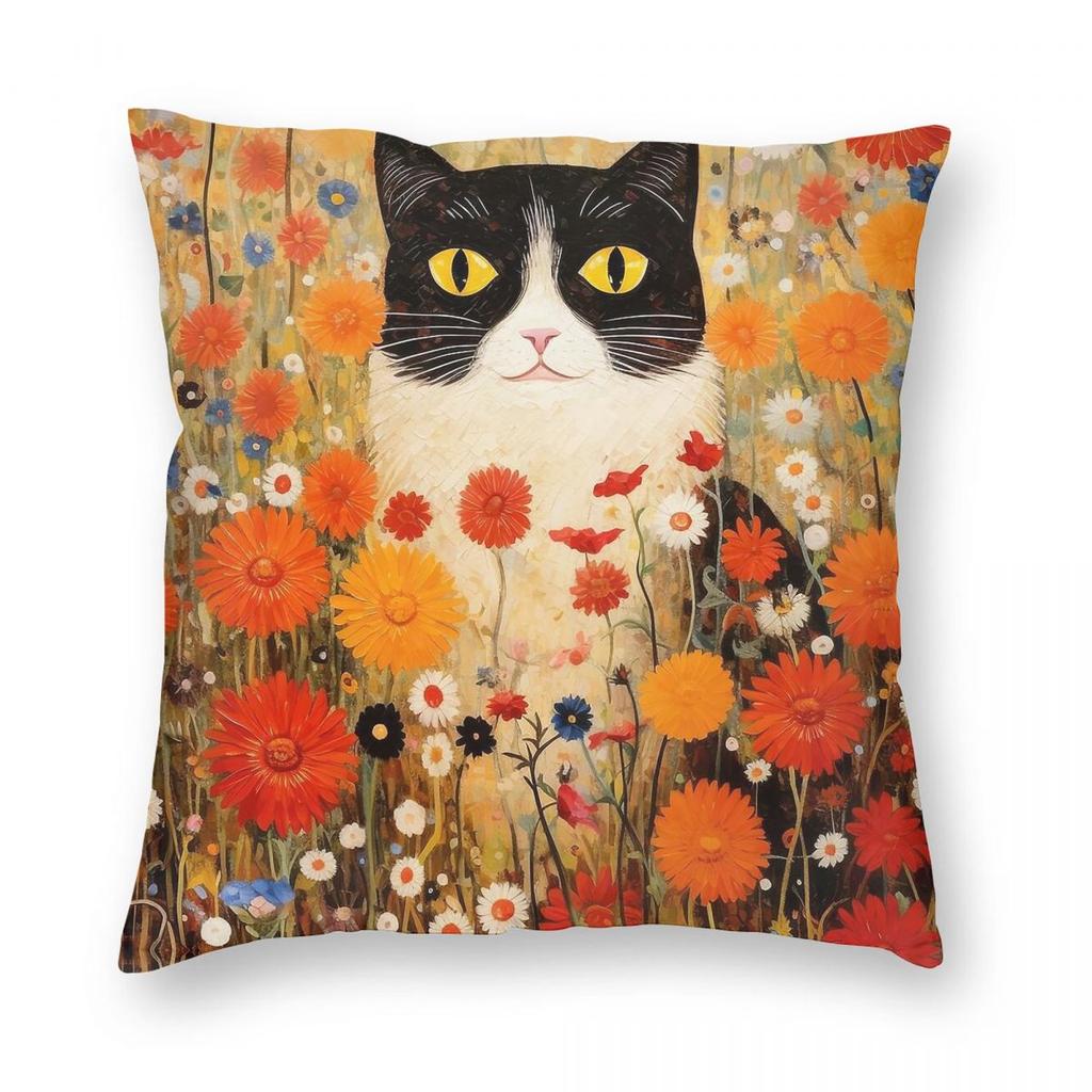 Gustav Klimt Cat In Flowers Square Pillowcase Polyester Linen Velvet Pattern Zip Decorative Sofa Seater Cushion Case