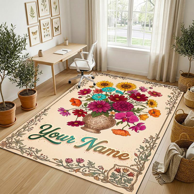 Floral Garden Theme Crystal Velvet Rug Personalized Custom Name Text Soft Floor Mat Home Decor