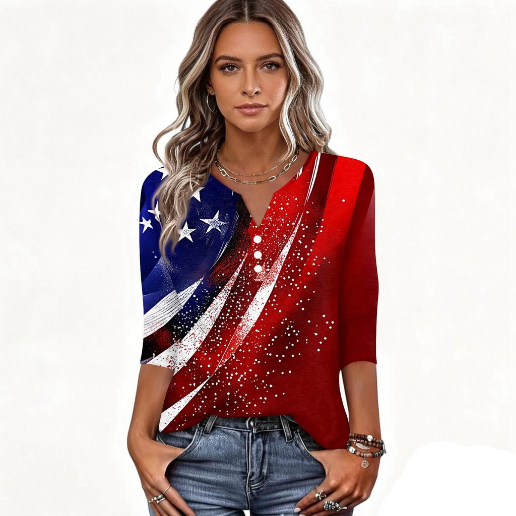 Women's T Shirt Independence Day Print Button 3/4 Sleeve Daily Weekend Fashion Basic V- Neck Regular Top