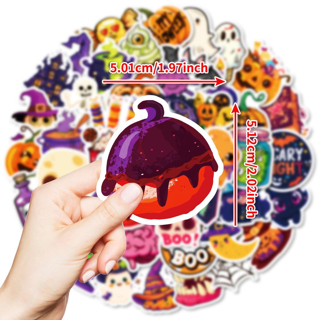 50pcs Halloween stickers featuring pumpkins, ghosts, and bats, perfect for waterproof DIY planner decorations gifts for kids