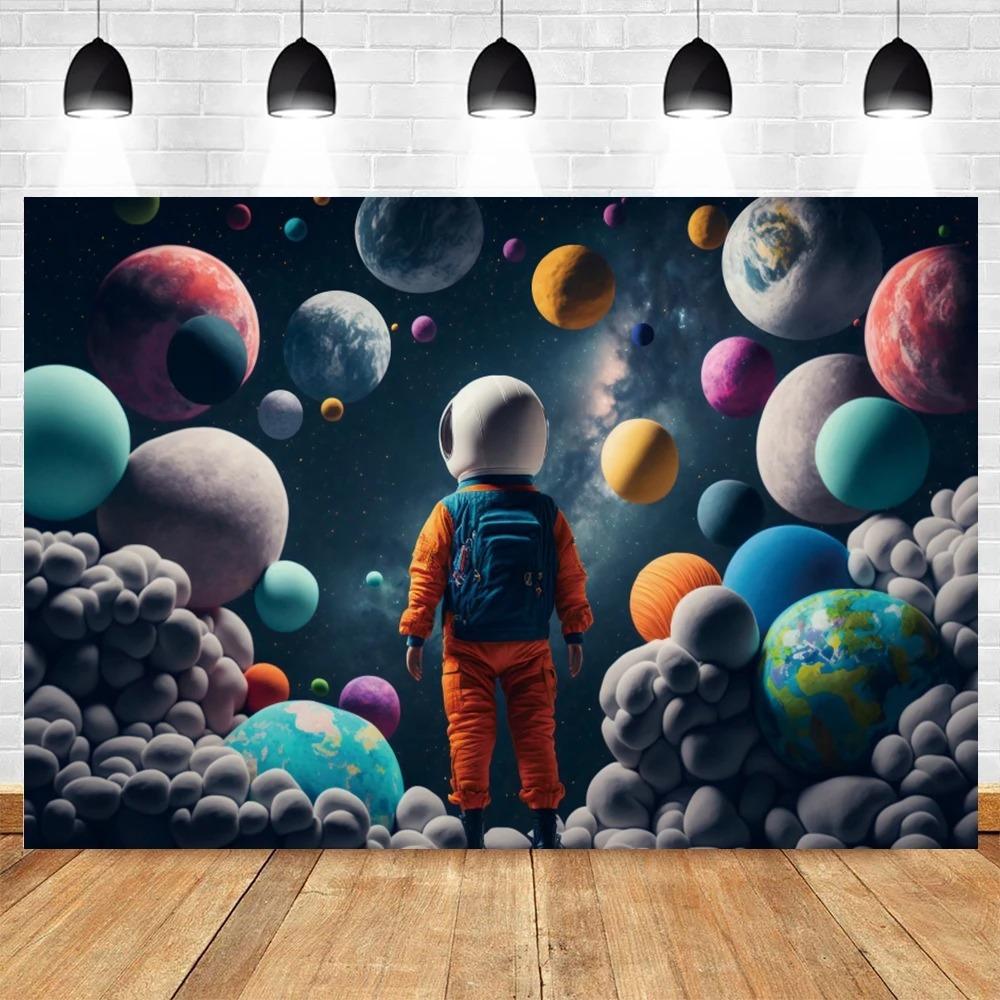 Happy Birthday Party Decor Outer Space Photography Background Custom Astronaut Rocket Galaxy Planet Photo Kids Gift Baby Shower