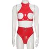 Womens Lingerie Wet Look Sleeveless Halter Open Bust Crop Top with High Cut Front Zipper Belt Briefs for Party Club