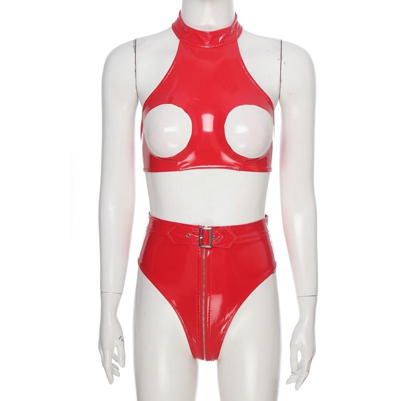 Womens Lingerie Wet Look Sleeveless Halter Open Bust Crop Top with High Cut Front Zipper Belt Briefs for Party Club