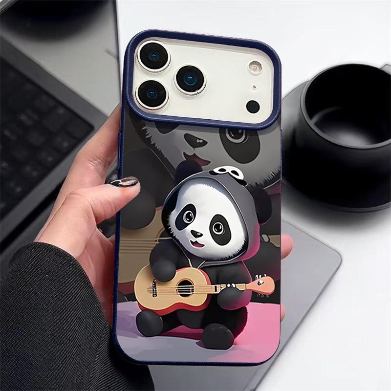 Guitar-playing Panda Pattern Case For iPhone 17 Pro Max Funda iPhone 16 Pro Max 15 14 13 12 11 Air 16E Leather Texture Silicone Cover